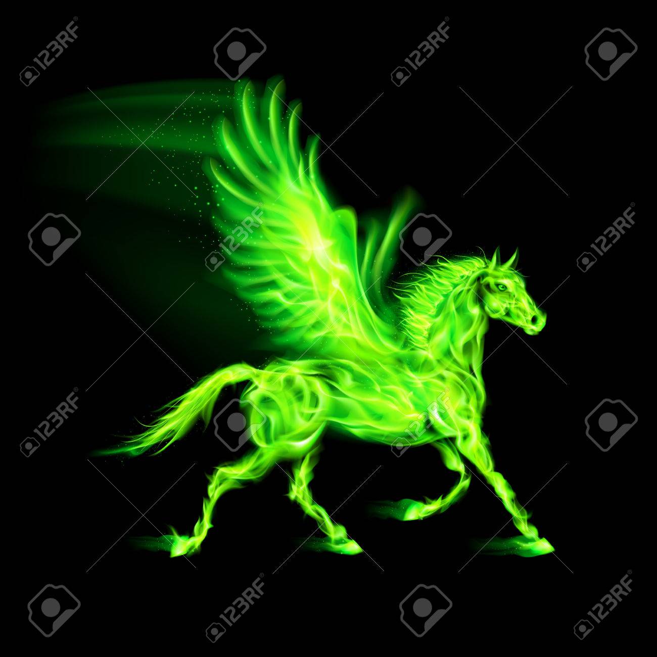 グリーン火災ペガサス黒い背景のイラスト のイラスト素材 ベクタ Image