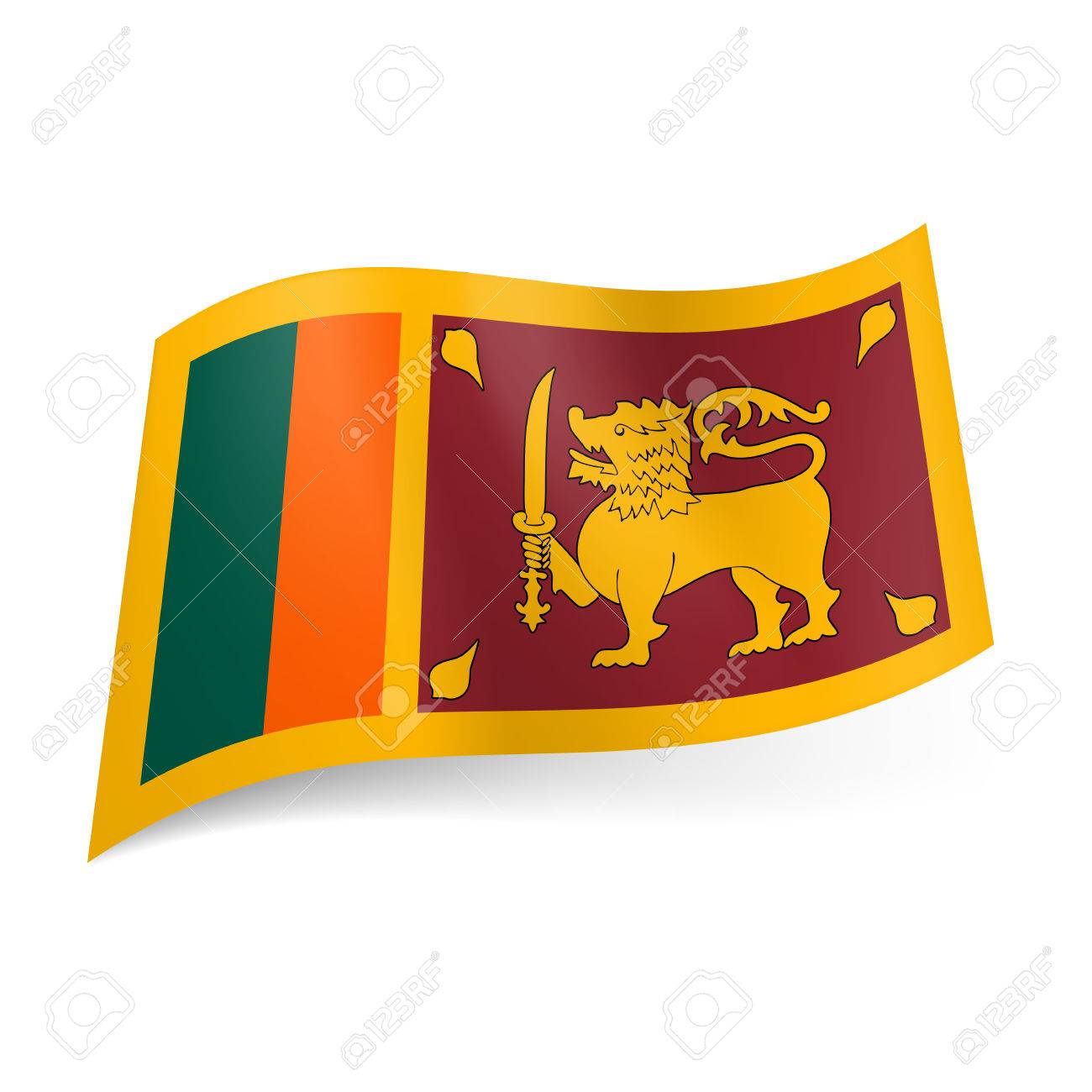 Drapeau National Du Sri Lanka Lion Dor à Lépée Sur Fond Rouge Foncé Vert Et Orange Rayures Verical Sur Le Côté Gauche