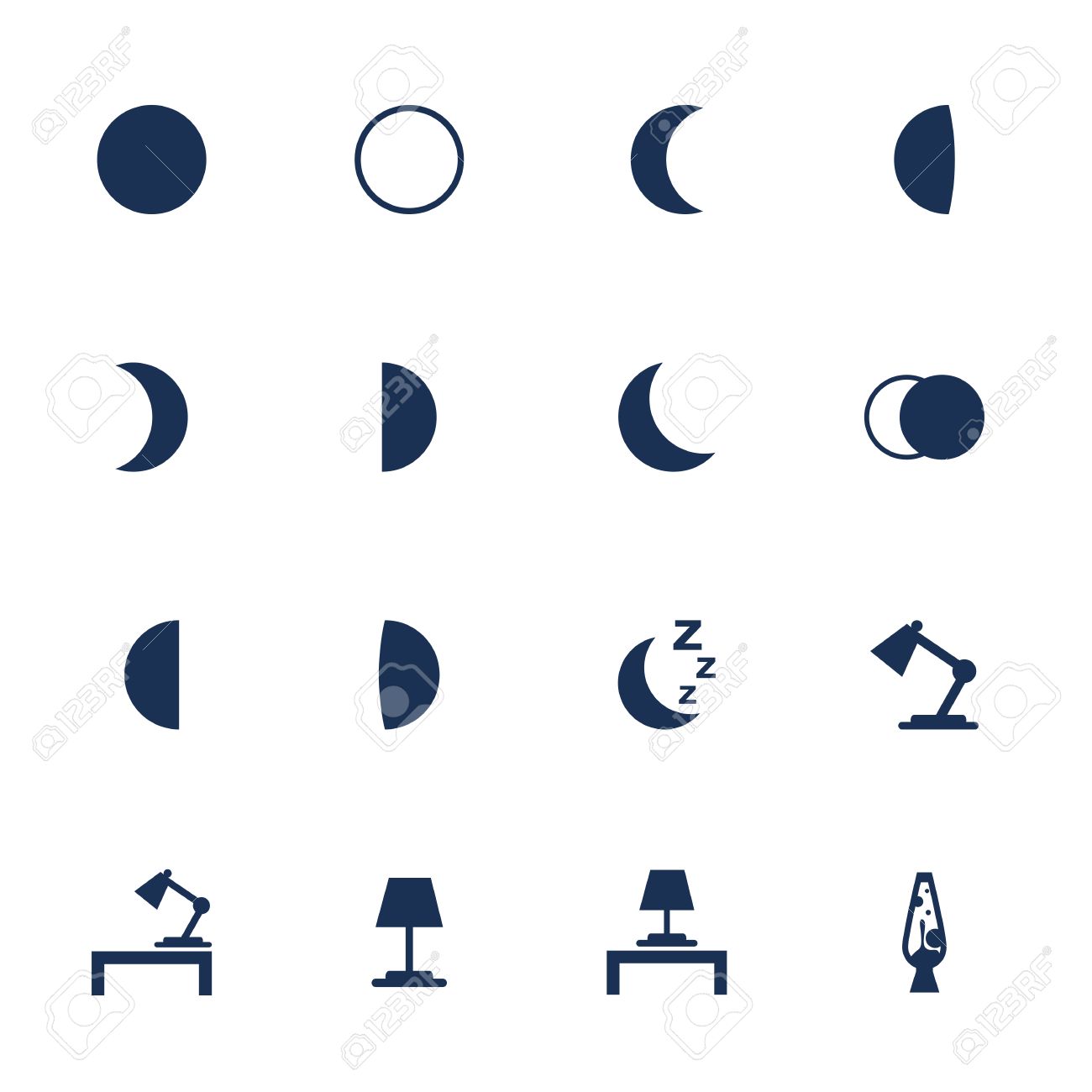 月の満ち欠けとイルミネーション アイテム フラット アイコンのセット のイラスト素材 ベクタ Image