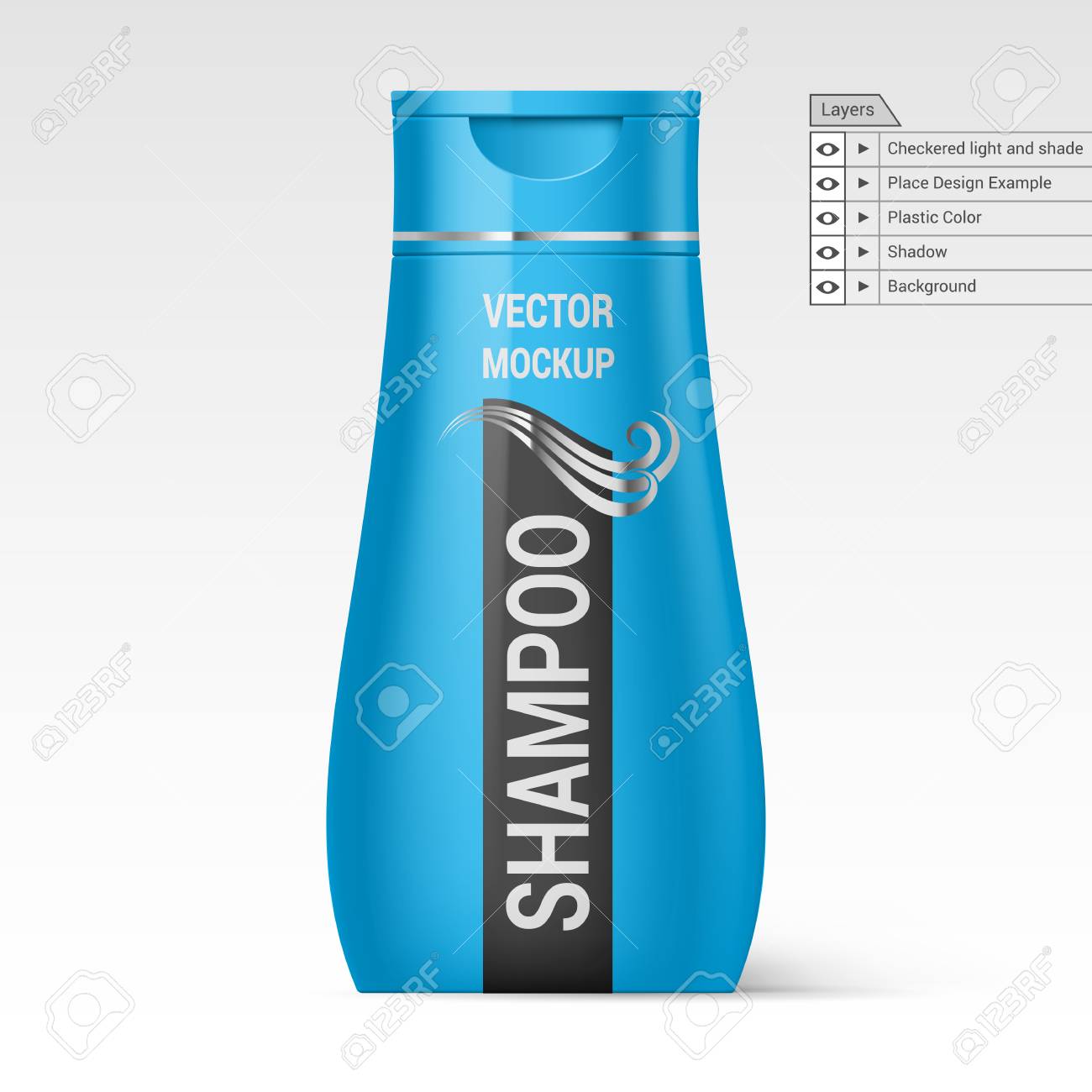 シャンプー ホワイト バック グラウンド分離ベクトルにラベルの青いボトル層モックアップのイラスト素材 ベクタ Image