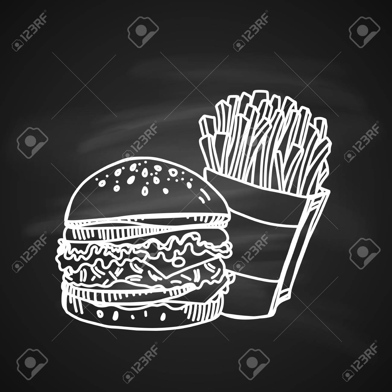 ファーストフードの手描きチョークスケッチ 塩辛いフライドポテトのパックとおいしいチーズバーガー 黒のイラスト のイラスト素材 ベクタ Image ファーストフードの手描きチョークスケッチ 塩辛いフライドポテトのパックとおいしいチーズバーガー 黒のイラスト のイラスト素材 ベクタ Image