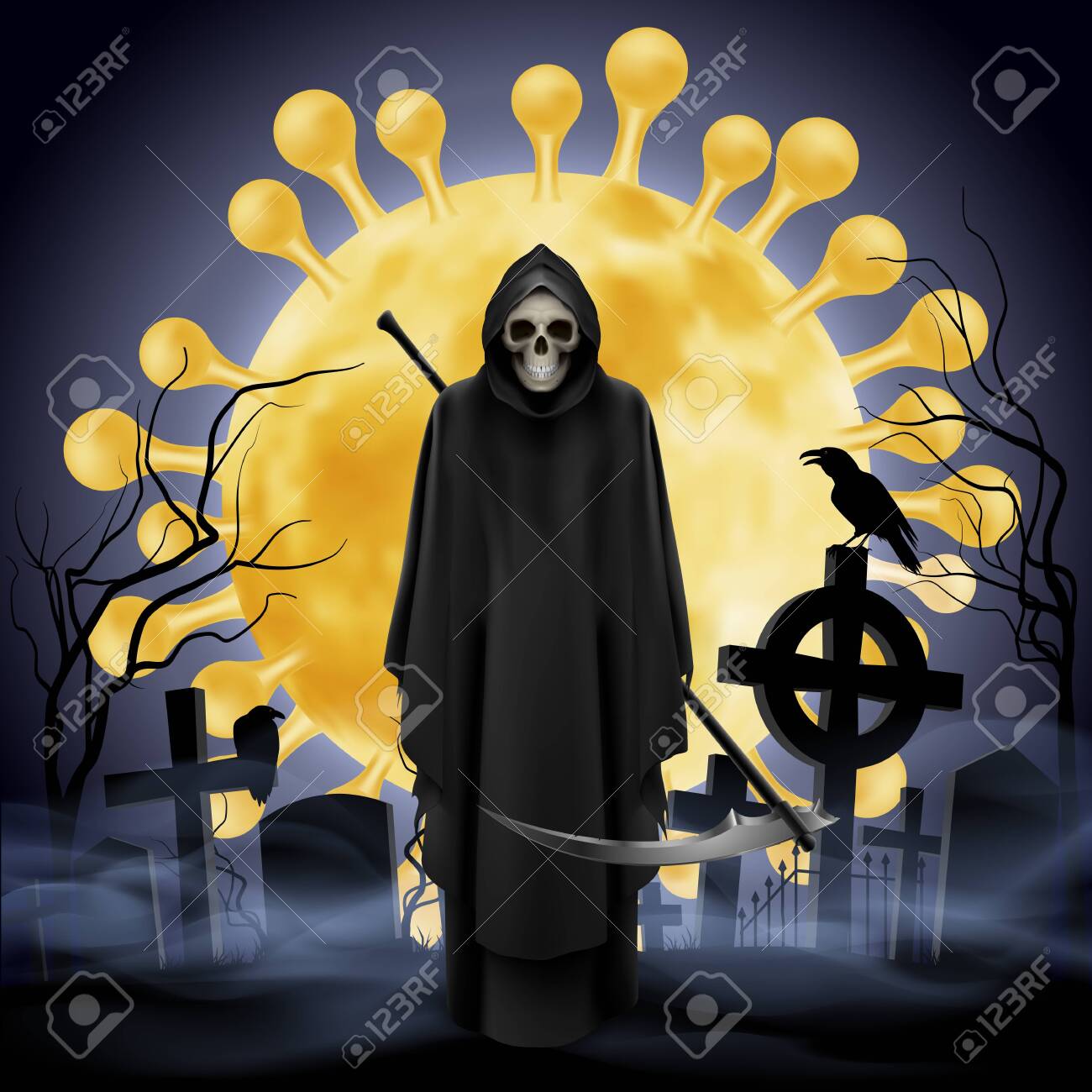묘지와 죽음의 천사가 낫을 들고 있는 삽화. 묵시록과 지옥 컨셉 디자인 코로나바이러스 전염병 COVID-19. 유럽과 세계에서 치명적인  SARS-CoV-2 확산 로열티 무료 사진, 그림, 이미지 그리고 스톡포토그래피. Image 143074638