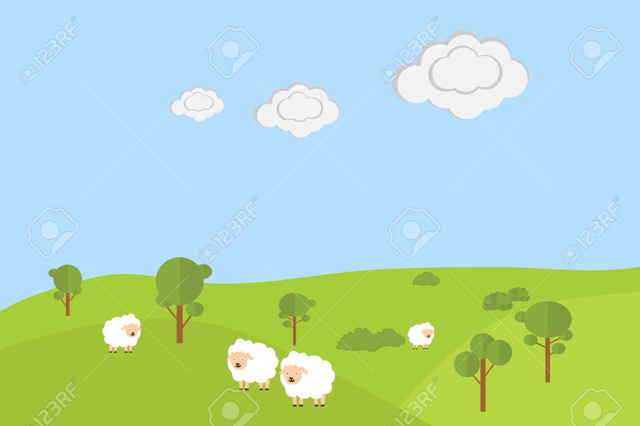 Sheep grazing in the meadow. Flat design, vector illustration, vector. - 72581187 Sheep grazing in the meadow. Flat design, vector illustration, vector. - 72581187