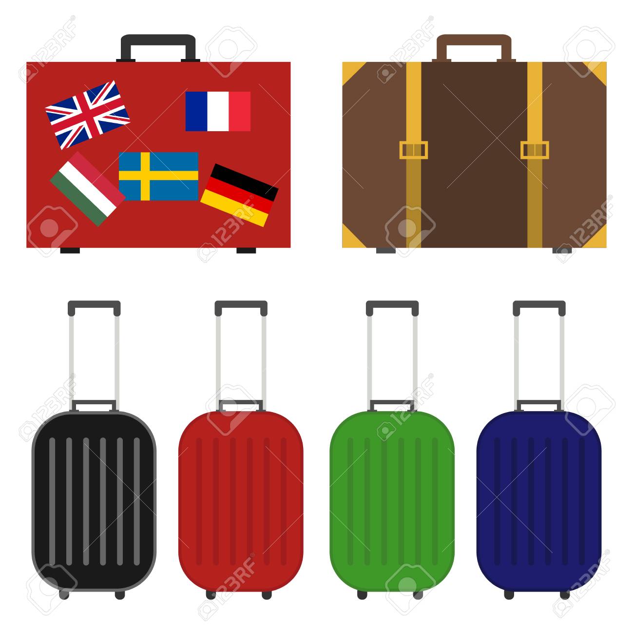 フラグが付いているスーツケース 旅行用スーツケースのセット旅行のスーツケース フラットなデザイン ベクトル イラスト ベクターします のイラスト素材 ベクタ Image