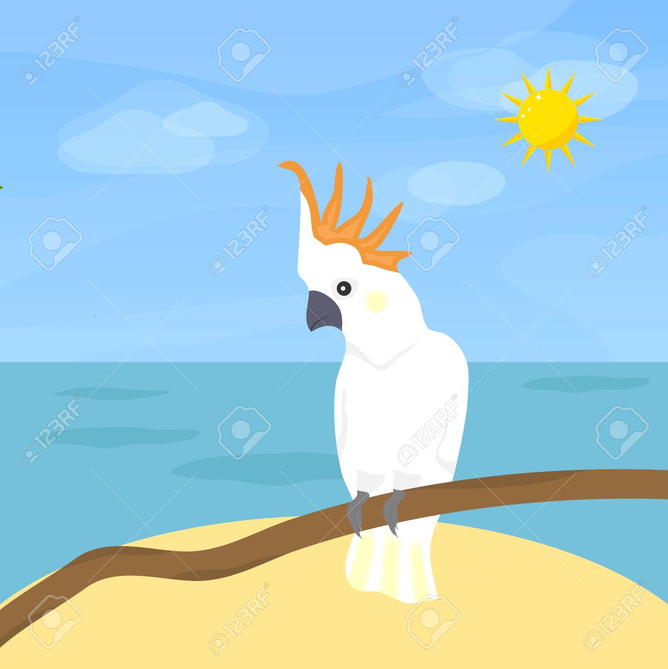 オウム オウム 鳥 海と空の背景にキュウリをオウムします フラットなデザイン ベクトル イラスト ベクターします のイラスト素材 ベクタ Image