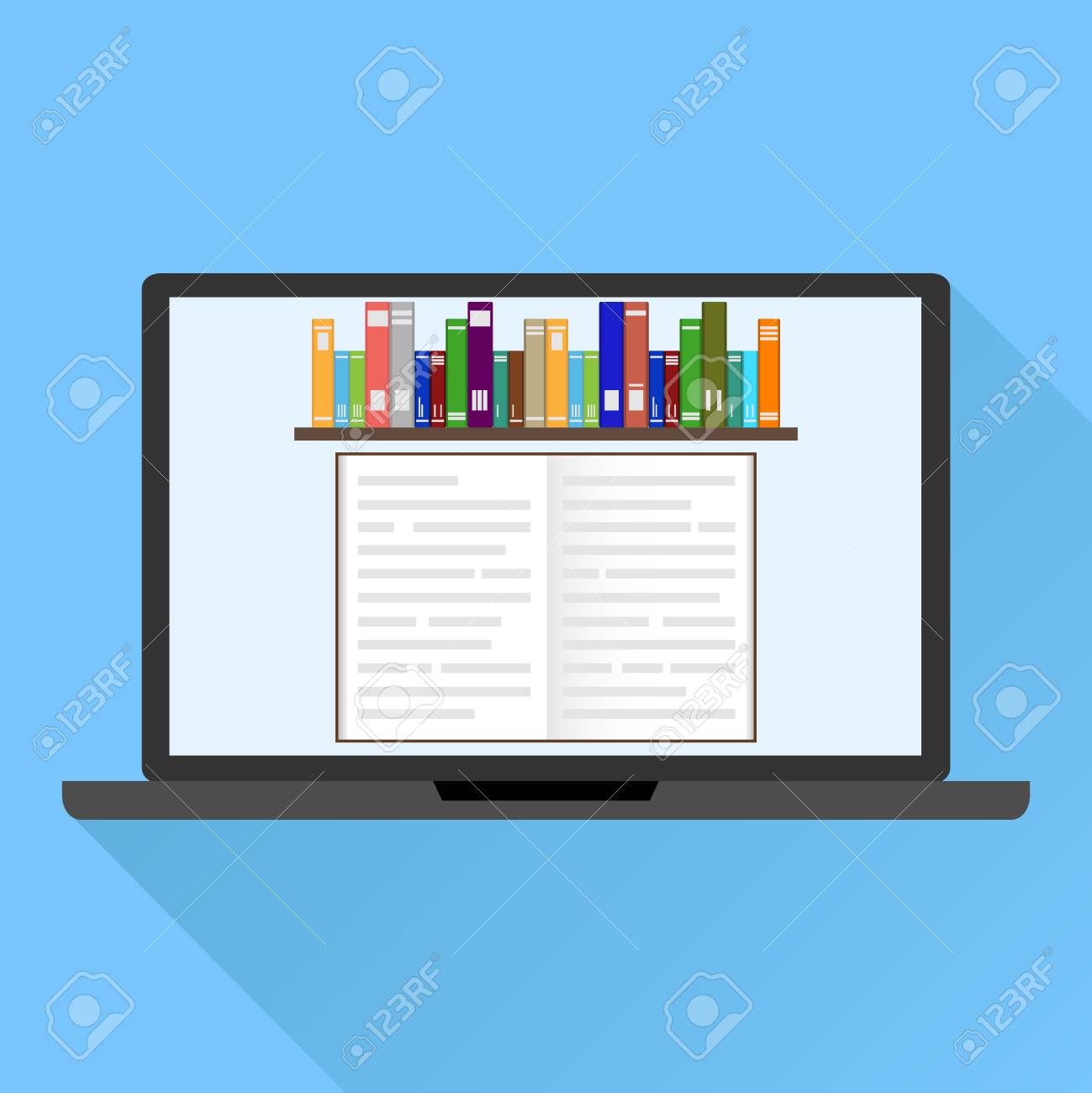 オンライントレーニング オンラインライブラリ 書籍からのコンピュータスクリーンセーバー コンピュータ画面上の本を持つ本棚 フラットデザイン ベクトルイラスト ベクトル のイラスト素材 ベクタ Image