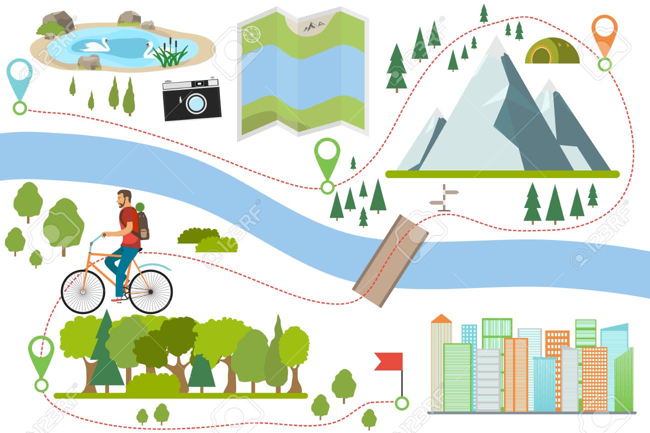 Plan Bike Ride Route Bike Route Map. Riding A Bike On A Various Outdoor Locations, Adventure And  Vacation Travel On A Bicycle, Lifestyle Activity With Ecological Transport.  Outdoor Cycling Map. Royalty Free Svg, Cliparts, Vectors, And