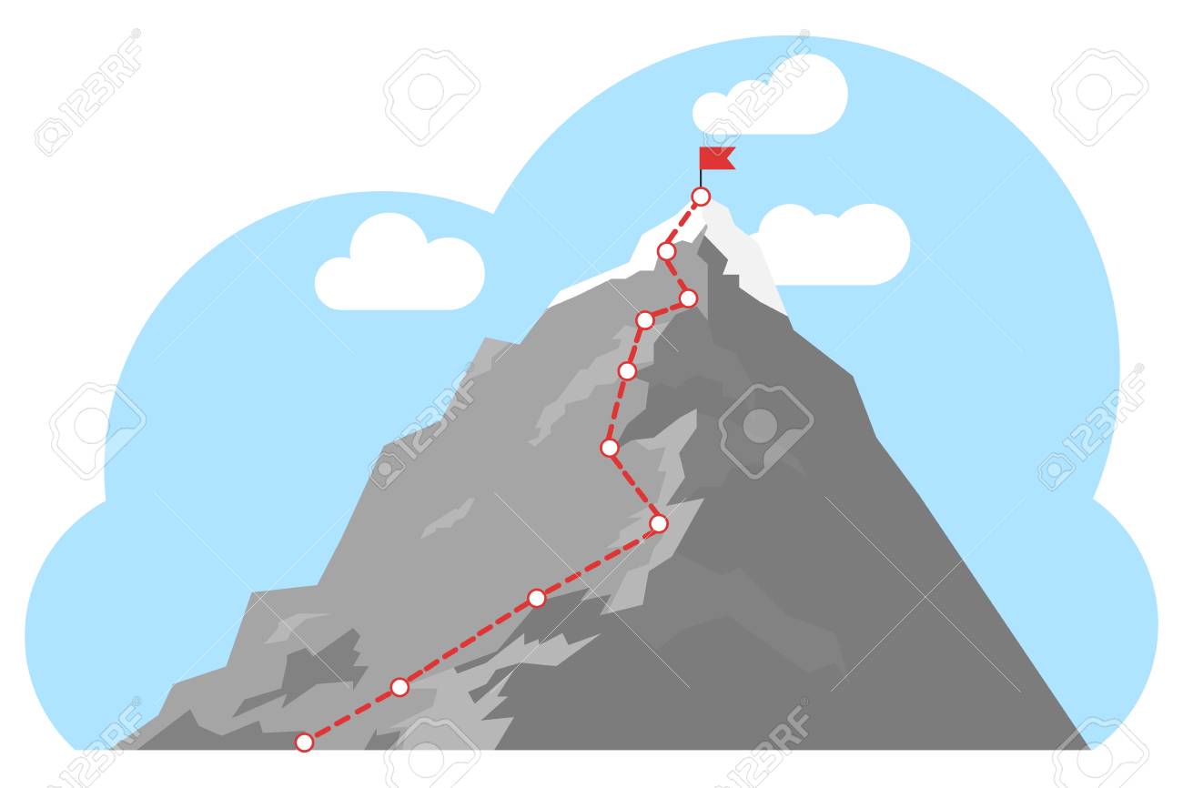 Mountain climbing route to peak. Top of the mountain with red flag. Business success concept. Business journey path in progress to success concept. - 124949297 Mountain climbing route to peak. Top of the mountain with red flag. Business success concept. Business journey path in progress to success concept. - 124949297