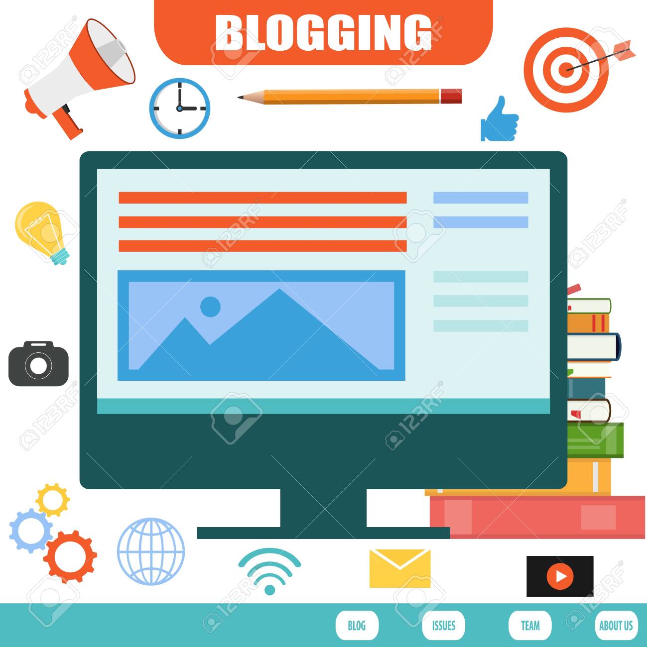 Blogging. Blogging on the Internet. Computer monitor with books and a light bulb in the form of an idea. Vector illustration. Vector. - 148502758 Blogging. Blogging on the Internet. Computer monitor with books and a light bulb in the form of an idea. Vector illustration. Vector. - 148502758