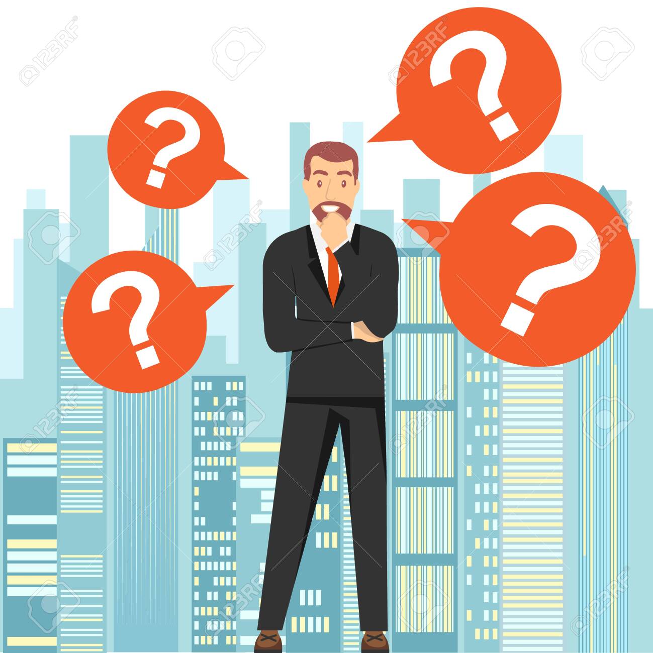 Thinking man. A man stands and thinks about a solution to the problem against the backdrop of the city landscape. Vector illustration. Vector. - 147875738 Thinking man. A man stands and thinks about a solution to the problem against the backdrop of the city landscape. Vector illustration. Vector. - 147875738