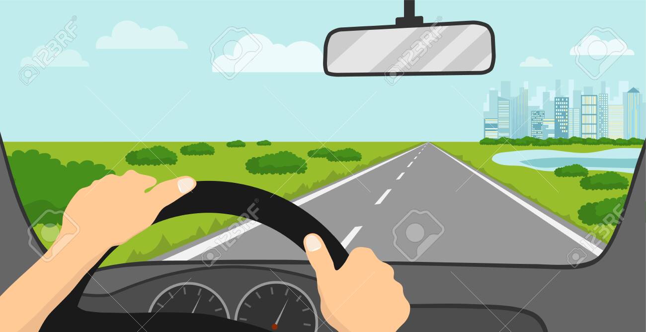 View of the road from the driver's seat. The driver looks at the road through the windshield of the car. Vector illustration. Vector. - 148502763 View of the road from the driver's seat. The driver looks at the road through the windshield of the car. Vector illustration. Vector. - 148502763