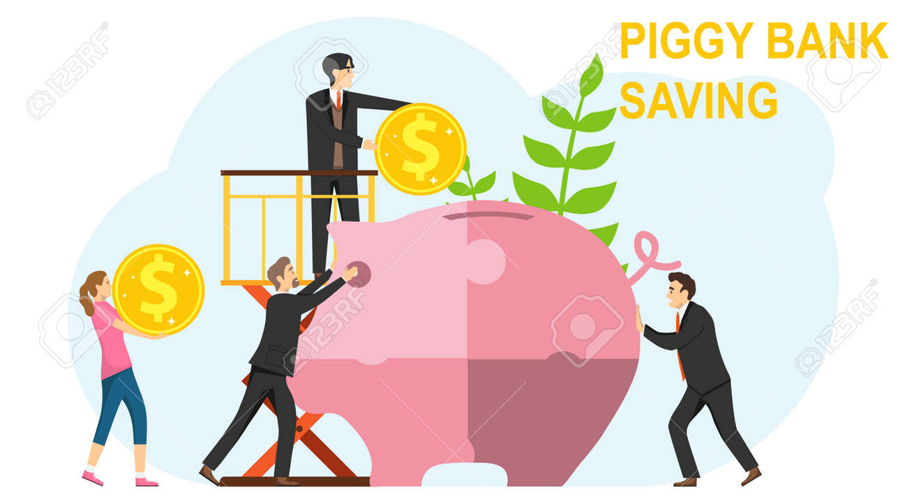 Collaboration, cooperation, interaction. A team of people puts together a puzzle of a piggy bank. Investing in a piggy bank. Vector illustration. Vector. - 148272578 Collaboration, cooperation, interaction. A team of people puts together a puzzle of a piggy bank. Investing in a piggy bank. Vector illustration. Vector. - 148272578