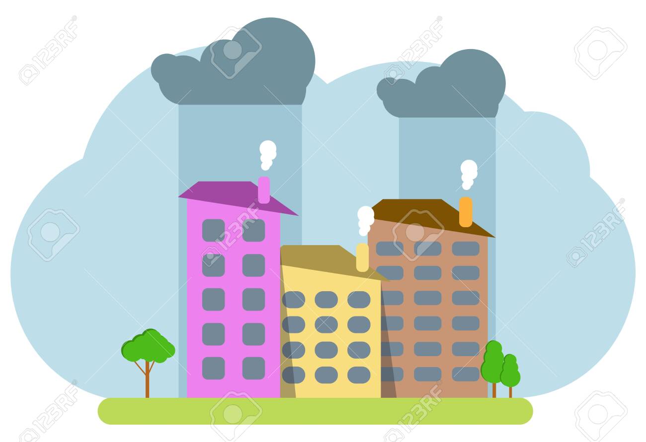 Colored cartoon houses on a blue background with thunderclouds. City landscape made of cartoon houses. Vector illustration. Vector. - 149139212 Colored cartoon houses on a blue background with thunderclouds. City landscape made of cartoon houses. Vector illustration. Vector. - 149139212