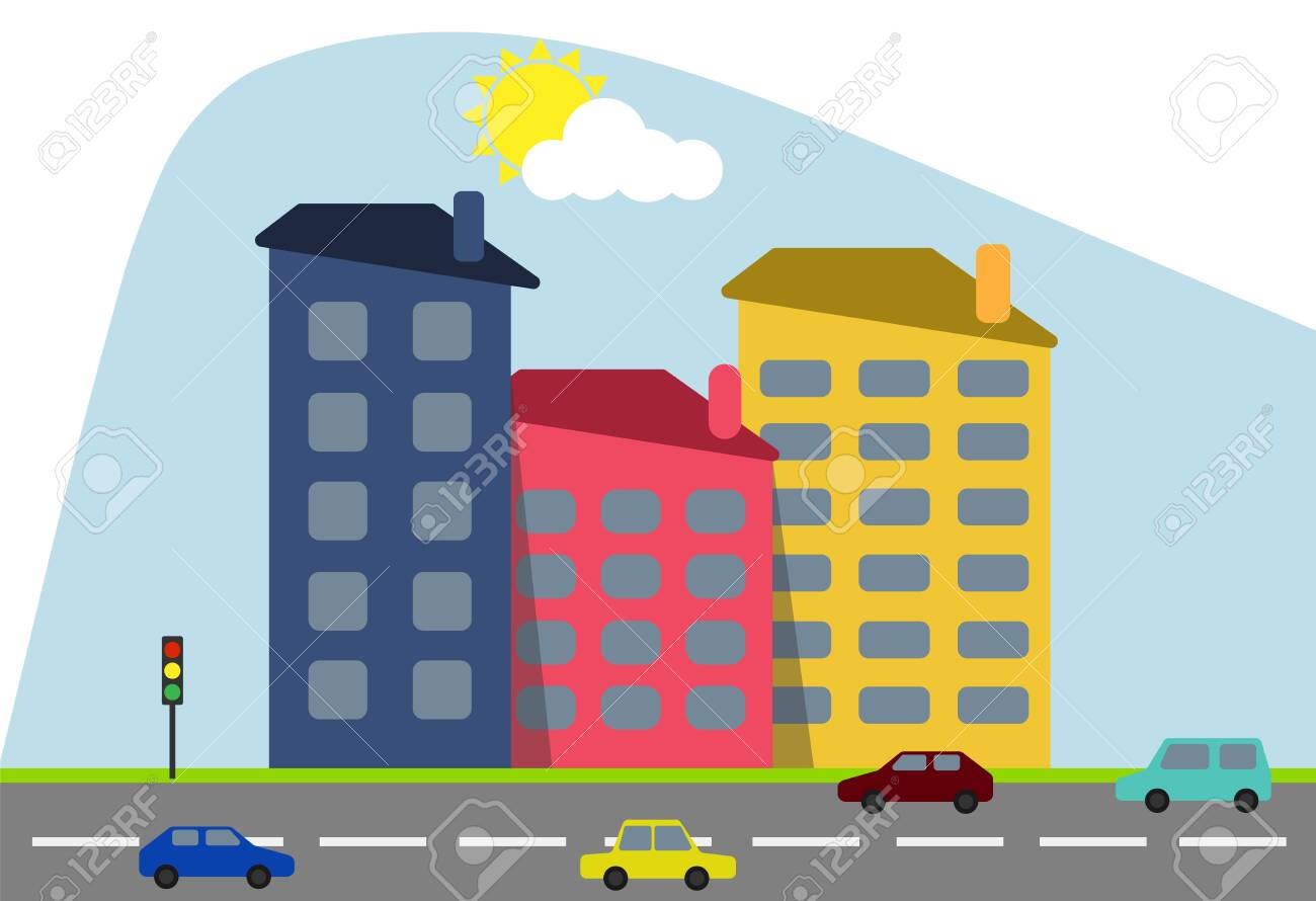 Cartoon colored houses with shadows and trees against the backdrop of the shining sun with a highway and cartoon cars. Decorative toy houses. Vector illustration of cartoon houses. Vector. - 149139254 Cartoon colored houses with shadows and trees against the backdrop of the shining sun with a highway and cartoon cars. Decorative toy houses. Vector illustration of cartoon houses. Vector. - 149139254