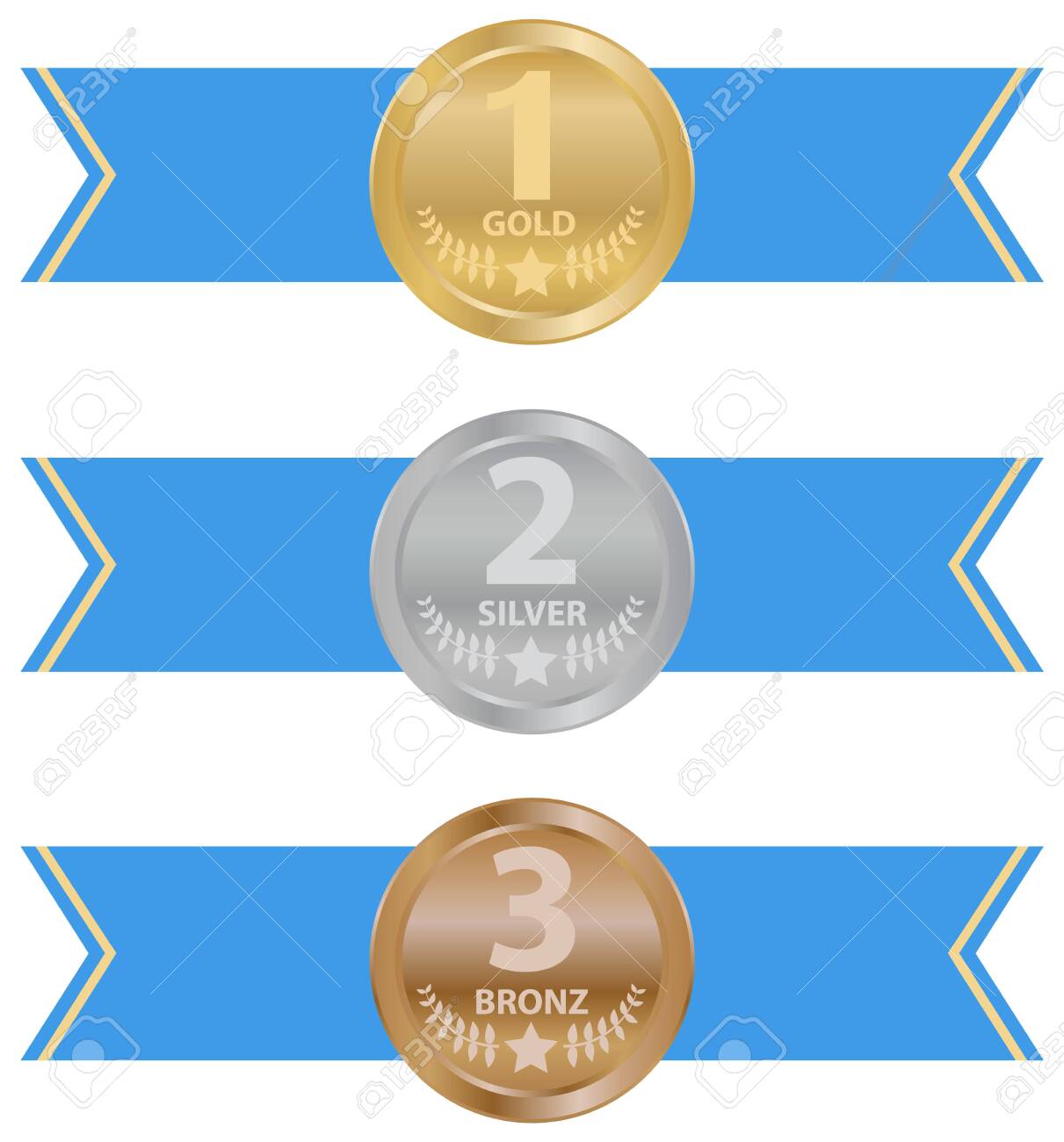 Sports medal, trophy. Gold, silver and bronze sports medal with ribbons. Vector illustration. Vector. - 151138497 Sports medal, trophy. Gold, silver and bronze sports medal with ribbons. Vector illustration. Vector. - 151138497