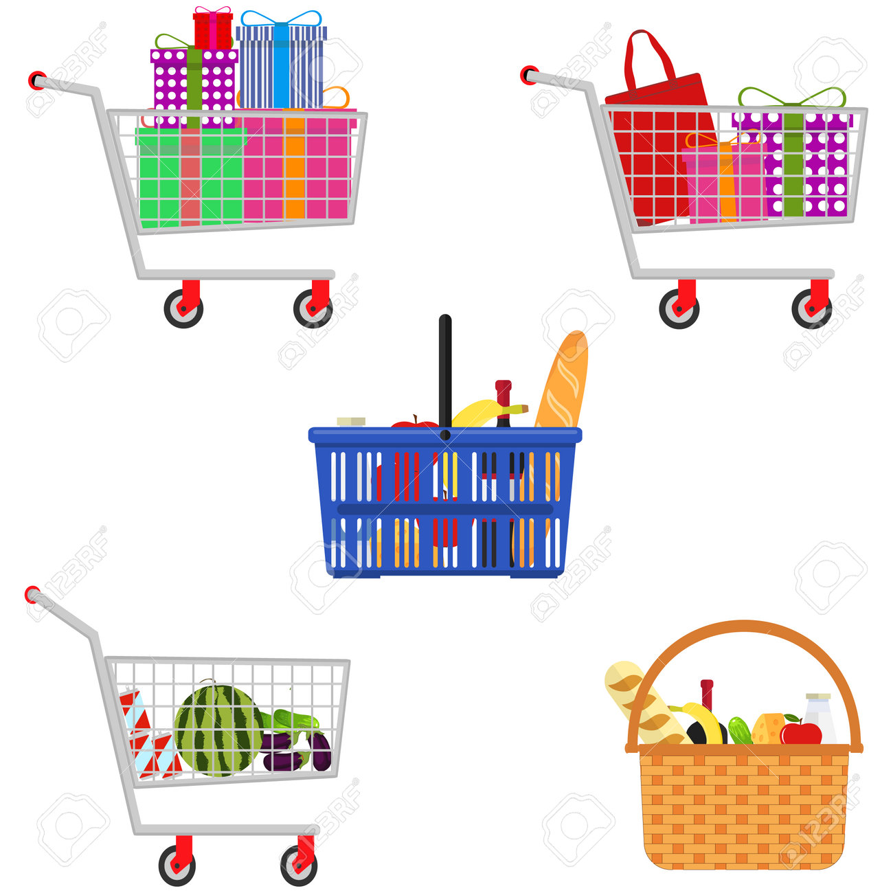 Shopping basket, shopping trolley, shopping bag set. Vector illustration Vector - 162890902 Shopping basket, shopping trolley, shopping bag set. Vector illustration Vector - 162890902