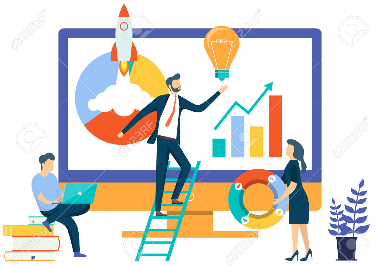 People work with information on computers and implement new ideas and startups. Diagram, graphs, new ideas and startups concept. Vector illustration. Vector. - 167578761 People work with information on computers and implement new ideas and startups. Diagram, graphs, new ideas and startups concept. Vector illustration. Vector. - 167578761