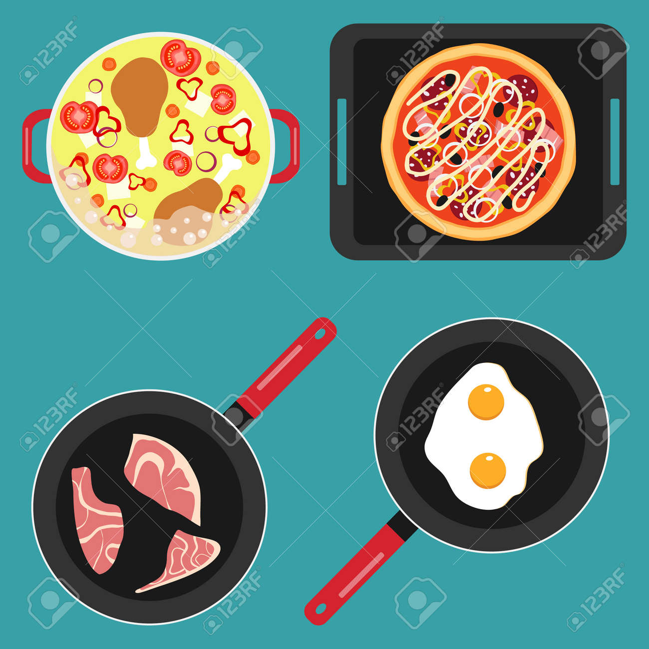 Cooking food, pots and pans with cooked food, soup, fried meat, scrambled eggs. Vector illustration. Vector. - 167578772 Cooking food, pots and pans with cooked food, soup, fried meat, scrambled eggs. Vector illustration. Vector. - 167578772