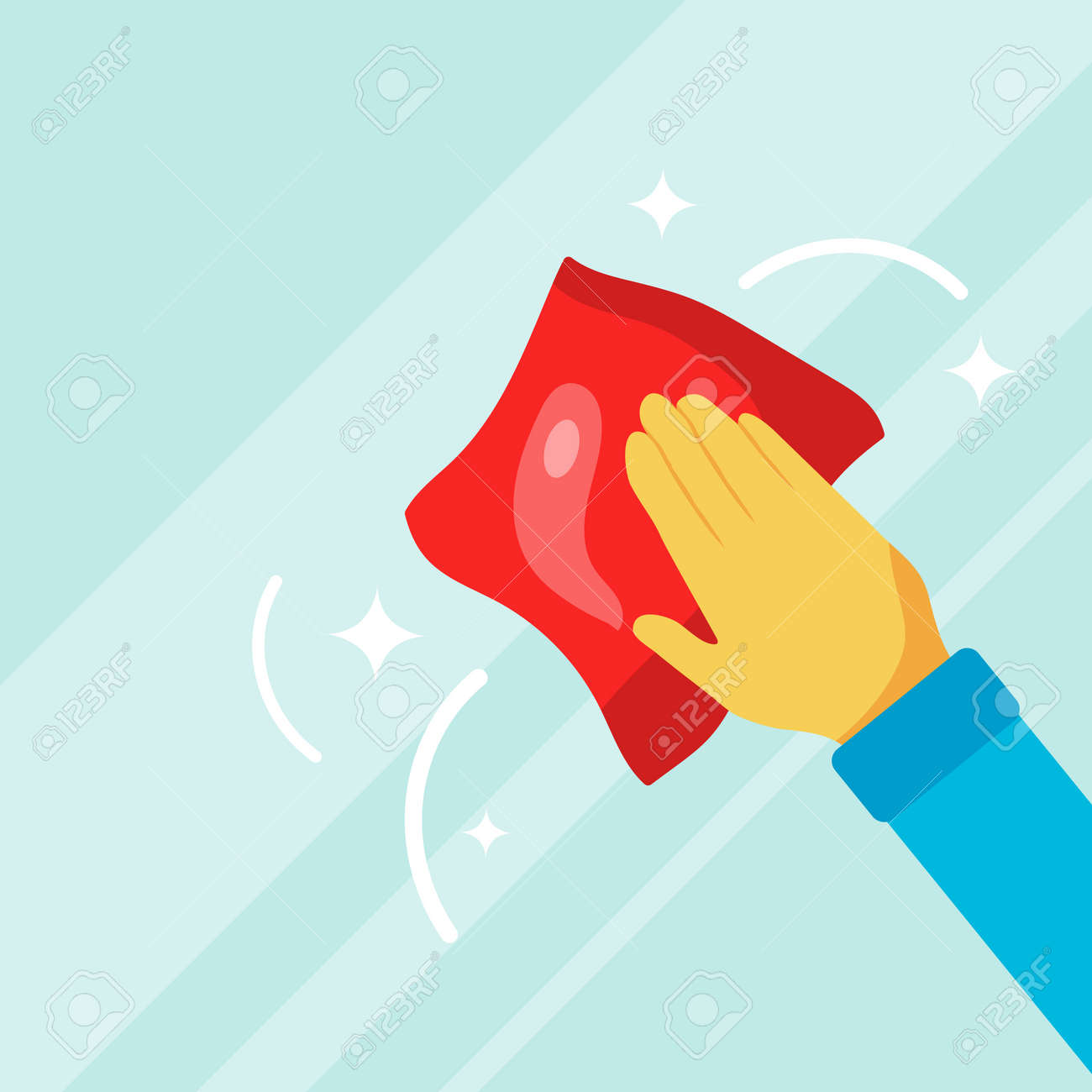 A hand with a rag washes the glass. Wipe down the glass. Vector illustration. Vector. - 167579103 A hand with a rag washes the glass. Wipe down the glass. Vector illustration. Vector. - 167579103