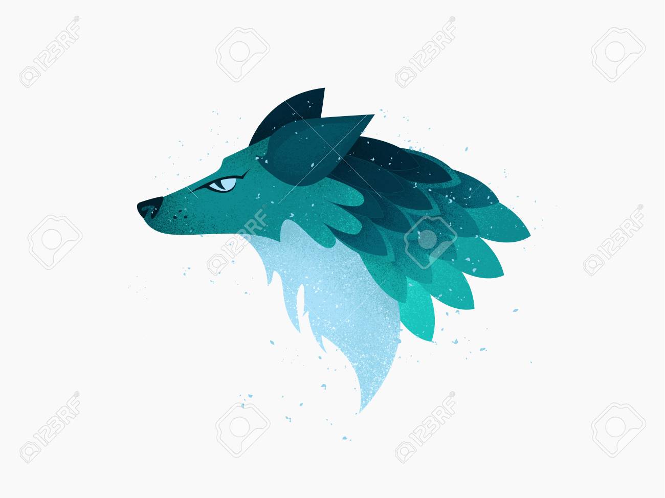 イラスト 色合いと質感を持つ青とターコイズ色の架空のオオカミやキツネや犬の動物の頭 の写真素材 画像素材 Image
