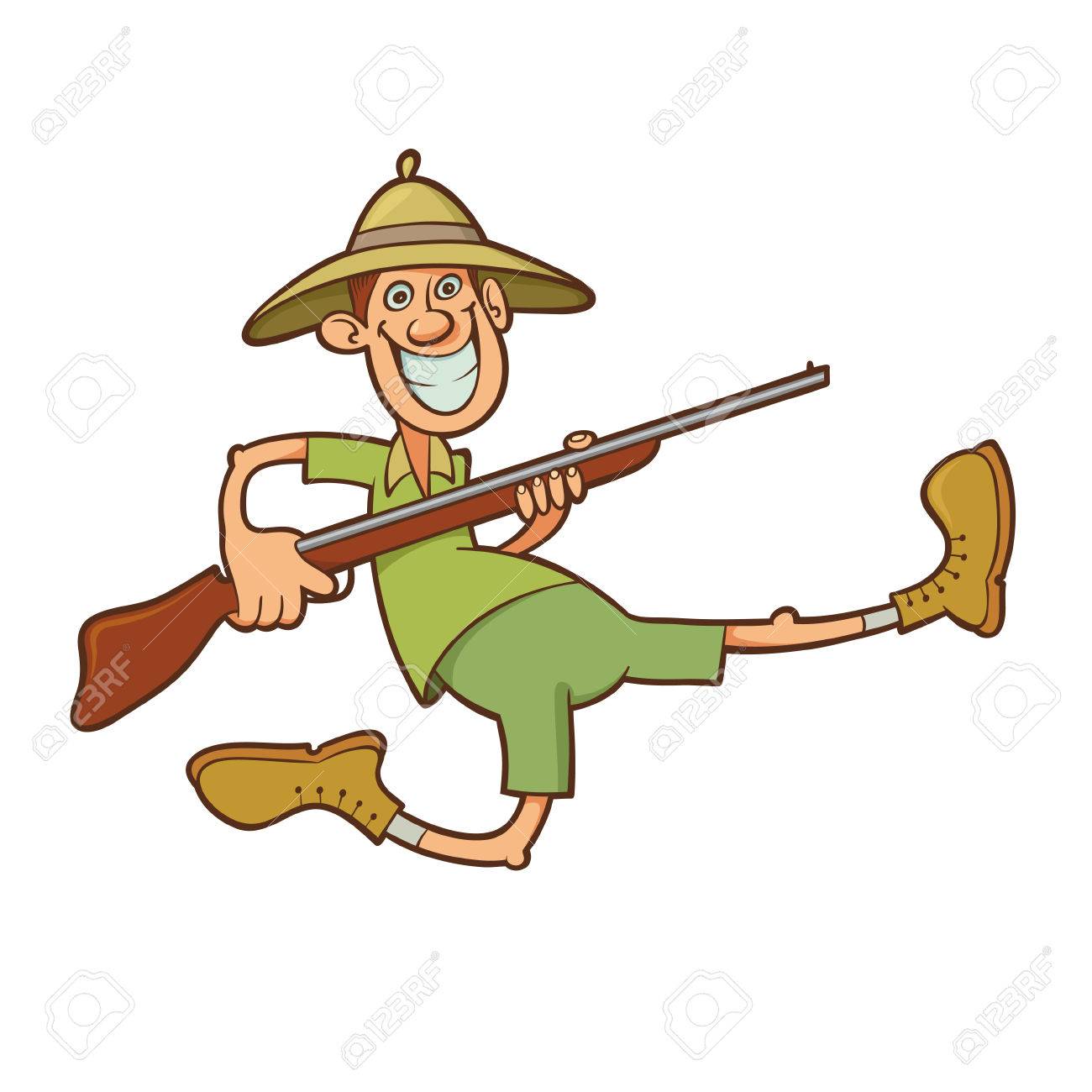 Chasseur Drole De Course Tenant Fusil Et De Porter Des Vetements De Safari Clip Art Libres De Droits Vecteurs Et Illustration Image