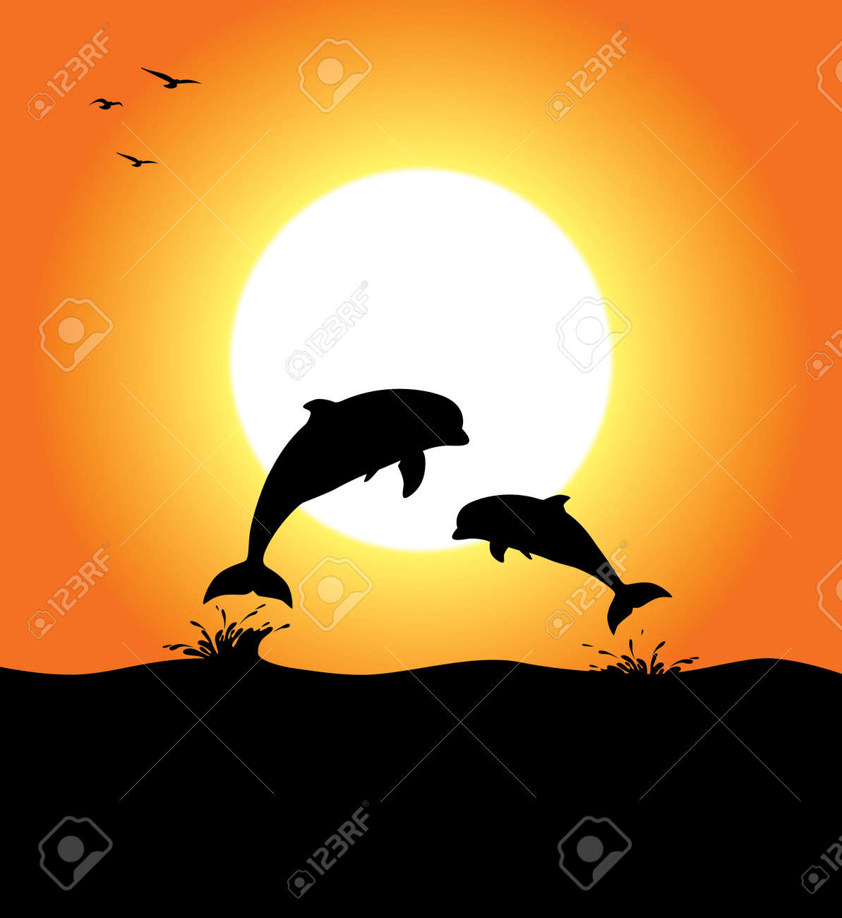 2 頭のイルカ ジャンプ 日没で 鳥と のイラスト素材 ベクタ Image
