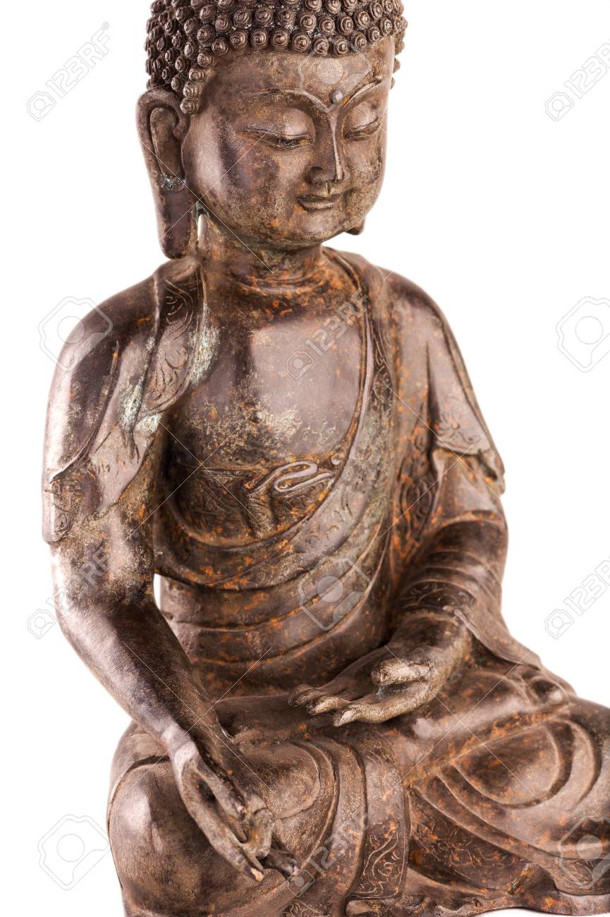 祝福のポーズ Varada ムードラの釈迦仏の図 白い背景に分離された金属製の古い像です の写真素材 画像素材 Image