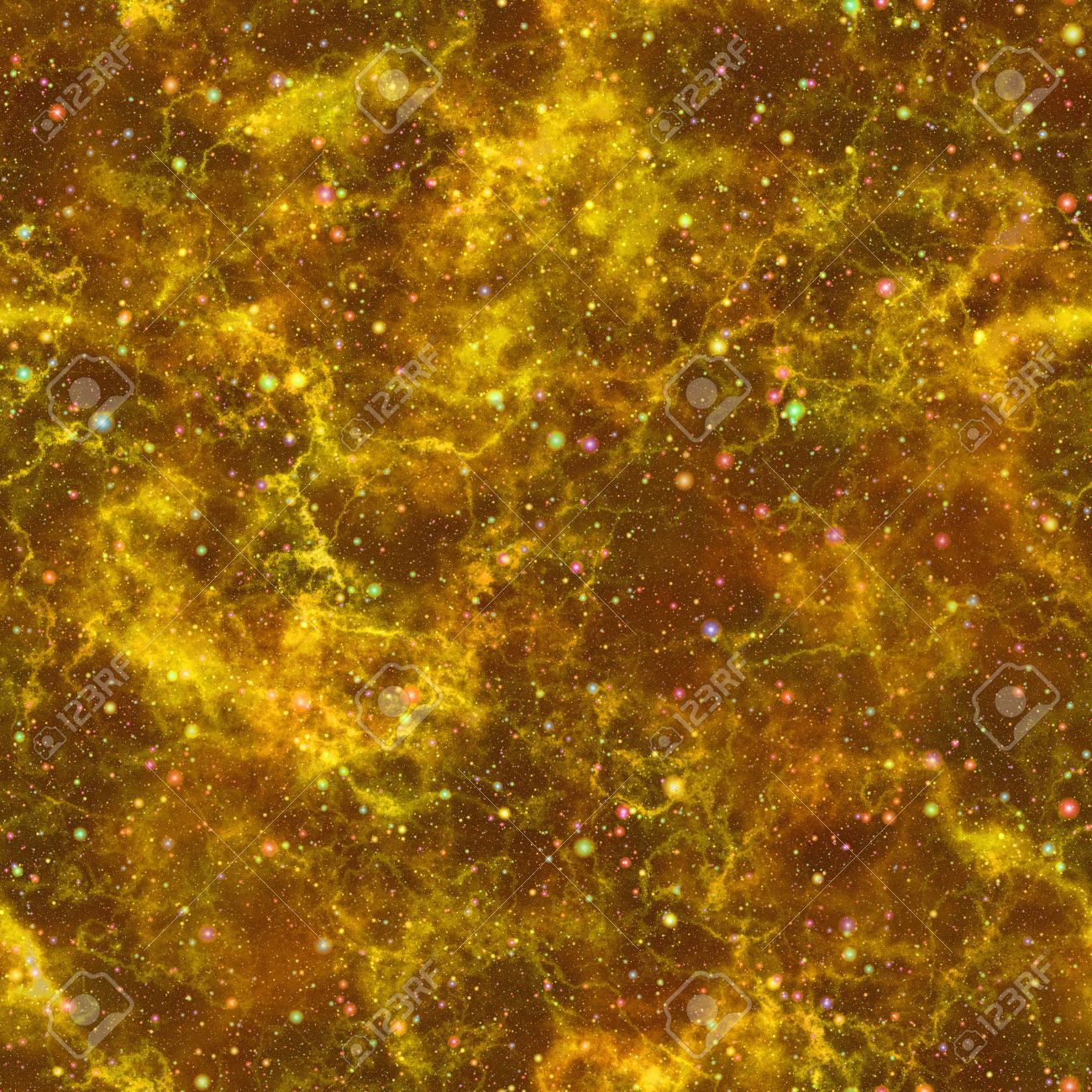 抽象的な光沢のある黄色の宇宙。 星雲の夜星空。オレンジ色の宇宙空間