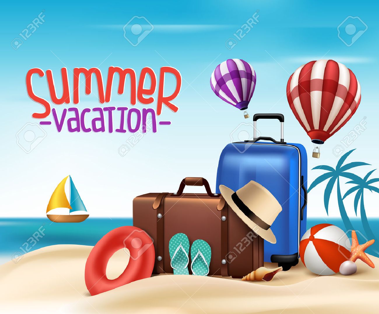 3d Realistic Summer Vacation Poster Design With Bags In Beach Sea Shore Vector Illustration Stock 3d Realistic Summer Vacation Poster Design With Bags In Beach Sea Shore Vector Illustration Stock