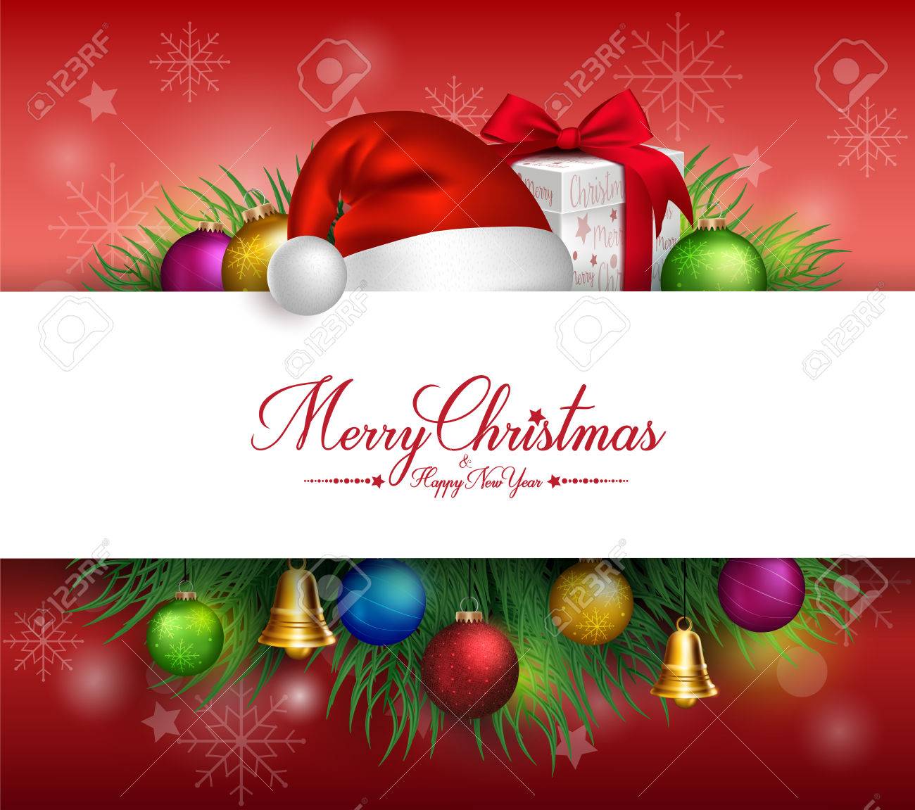 Merry Christmas Greetings Card in White Space for Text with Decorations and Objects in Background. Vector Illustration - 46314200 Merry Christmas Greetings Card in White Space for Text with Decorations and Objects in Background. Vector Illustration - 46314200