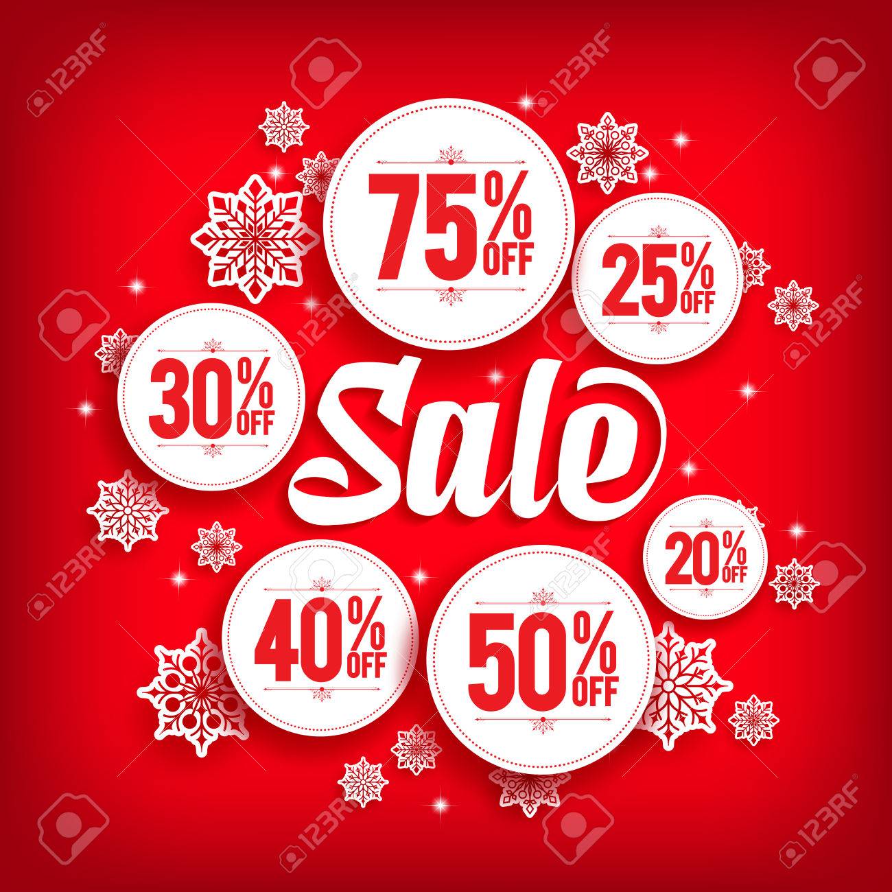 christmas sale discount in circles with snowflakes in red background
