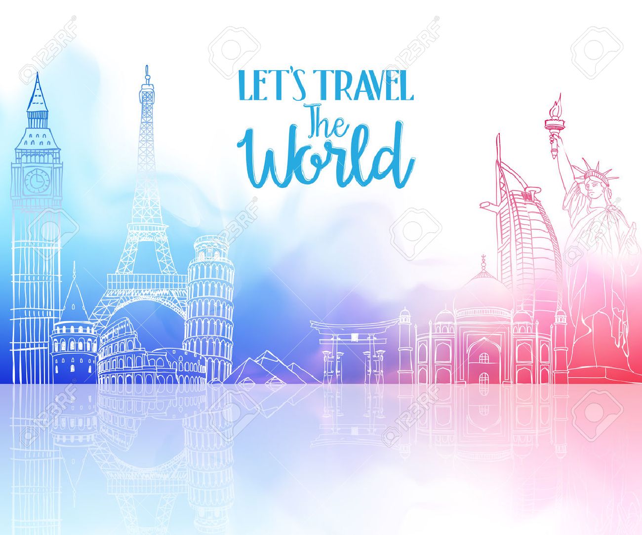 travel the world hand drawing with famous landmarks and places