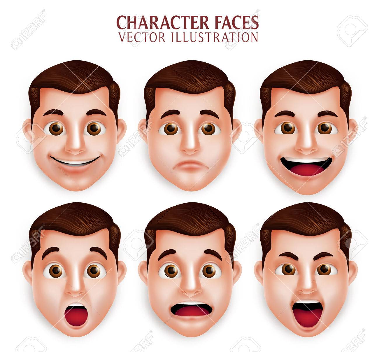 Set of 3D Realistic Handsome Man Head with Different Facial Expression Isolated in White Background. Vector Illustration - 49379279 Set of 3D Realistic Handsome Man Head with Different Facial Expression Isolated in White Background. Vector Illustration - 49379279