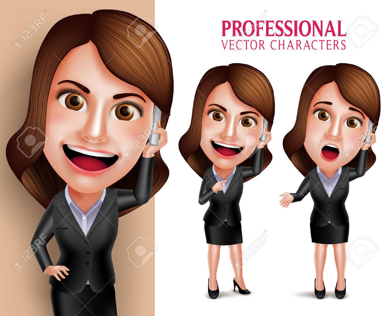 Set of 3D Realistic Professional Woman Character with Business Outfit Happy Smiling While Talking in Mobile Phone Isolated in White Background. Vector Illustration - 51129528 Set of 3D Realistic Professional Woman Character with Business Outfit Happy Smiling While Talking in Mobile Phone Isolated in White Background. Vector Illustration - 51129528