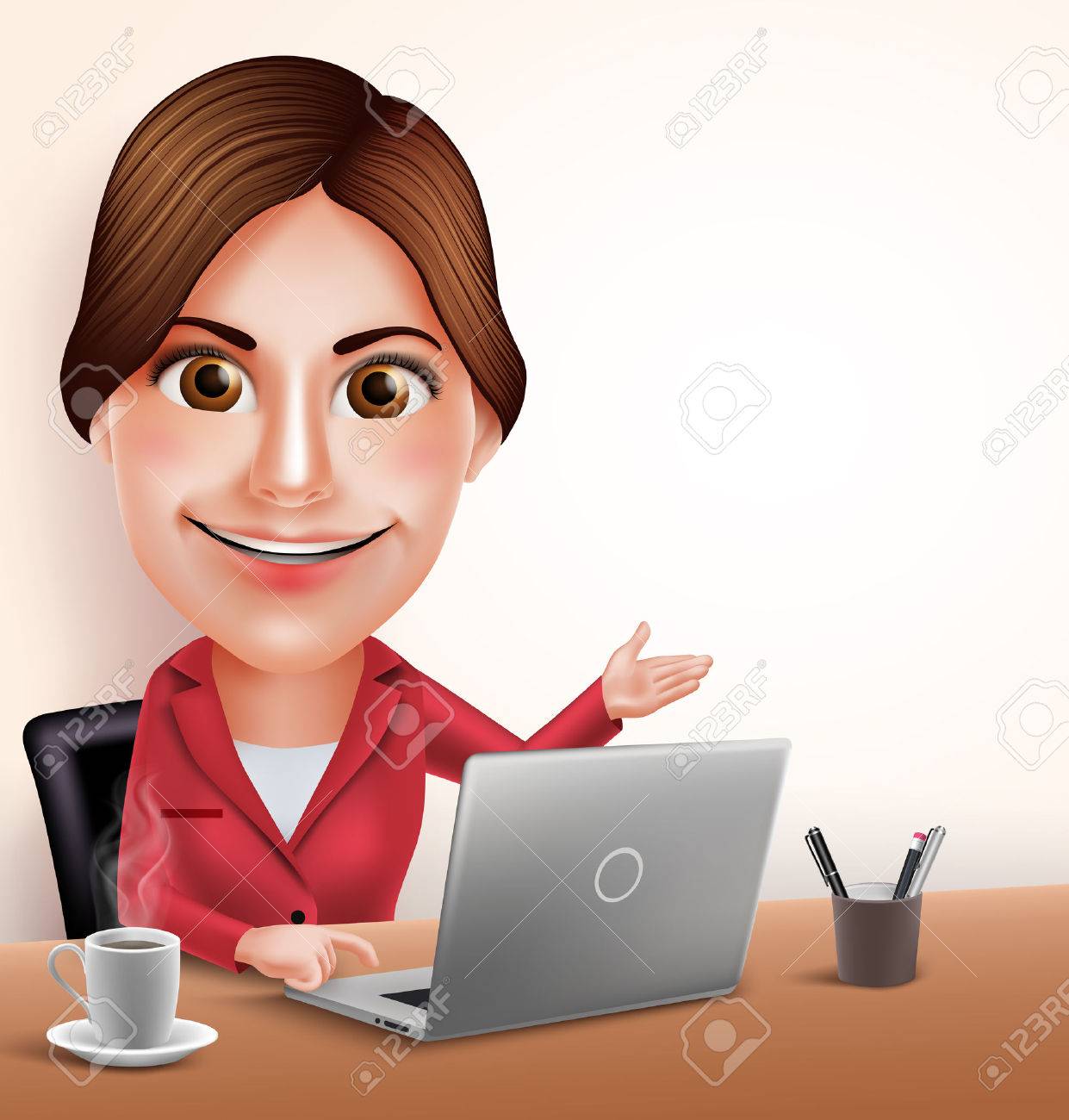 3D Realistic Professional Businesswoman or Secretary Vector Character Working in Office Desk with Laptop Pointing Empty Space. Vector Illustration - 51129536 3D Realistic Professional Businesswoman or Secretary Vector Character Working in Office Desk with Laptop Pointing Empty Space. Vector Illustration - 51129536