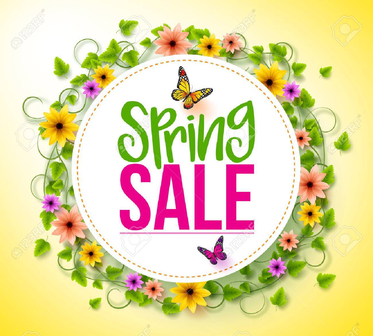 Spring Sale in a White Circle with Wreath of Colorful Flowers, Vines and Leaves with Flying Butterflies for Spring Seasonal Promotion. 3D Realistic Vector Illustration - 51870884 Spring Sale in a White Circle with Wreath of Colorful Flowers, Vines and Leaves with Flying Butterflies for Spring Seasonal Promotion. 3D Realistic Vector Illustration - 51870884