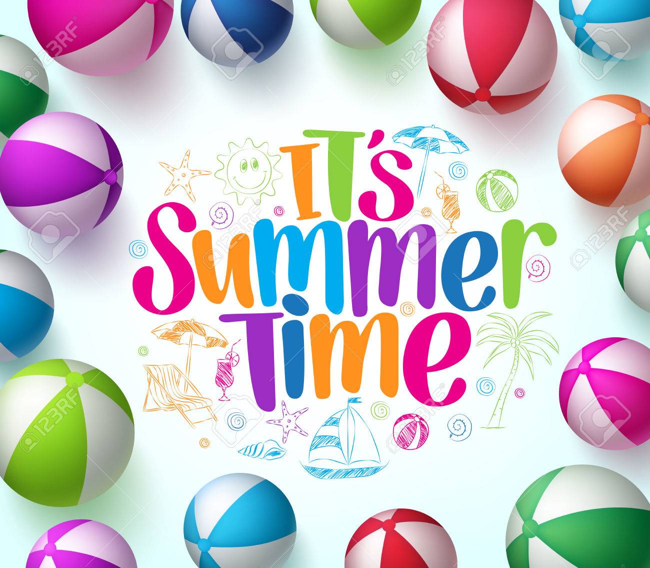 Fond Coloré De Boules De Plage Dans Le Vecteur Avec Les éléments De Dessin De Titre Et De Main De Lheure Dété Au Centre Illustration Vectorielle 3d