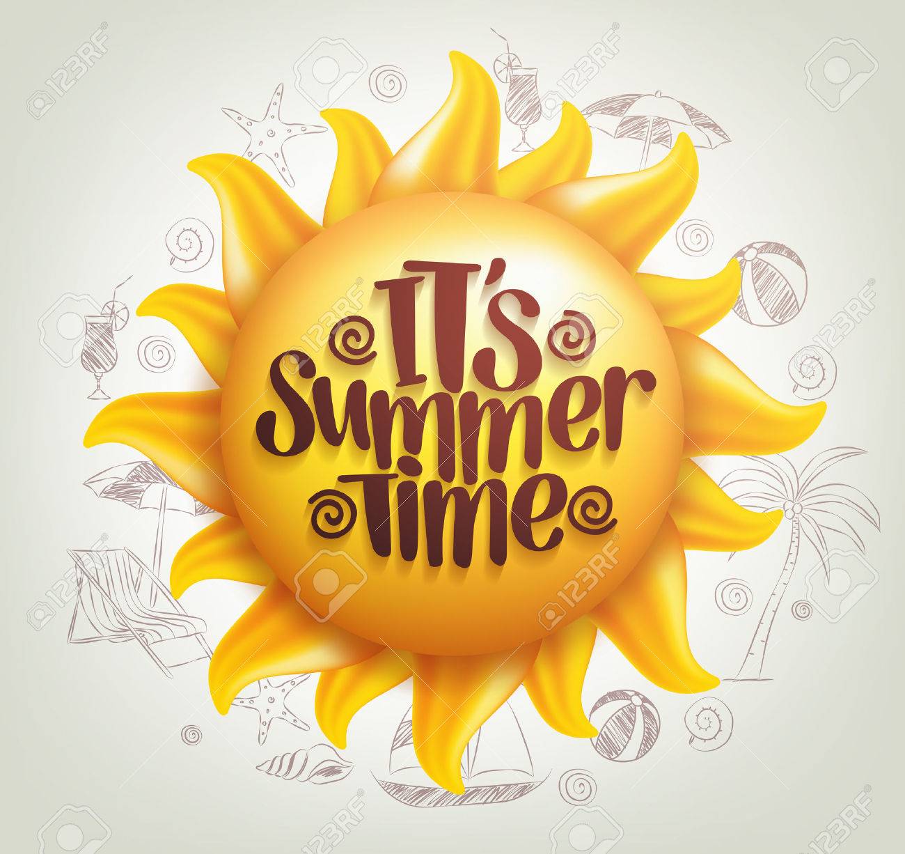 3D Realistic Sun Vector with Summer Time Title in a Background with Hand Drawing Summer Elements. Vector Illustration - 52730541 3D Realistic Sun Vector with Summer Time Title in a Background with Hand Drawing Summer Elements. Vector Illustration - 52730541