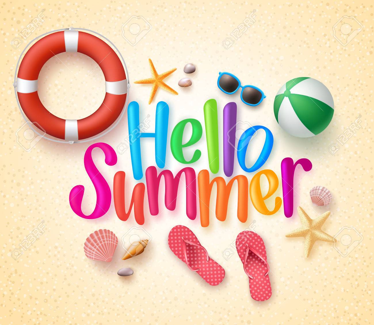 Hello Summer in the Sand Colorful Text and Background with Summer Season Items in the Beach. Illustration - 53830767 Hello Summer in the Sand Colorful Text and Background with Summer Season Items in the Beach. Illustration - 53830767