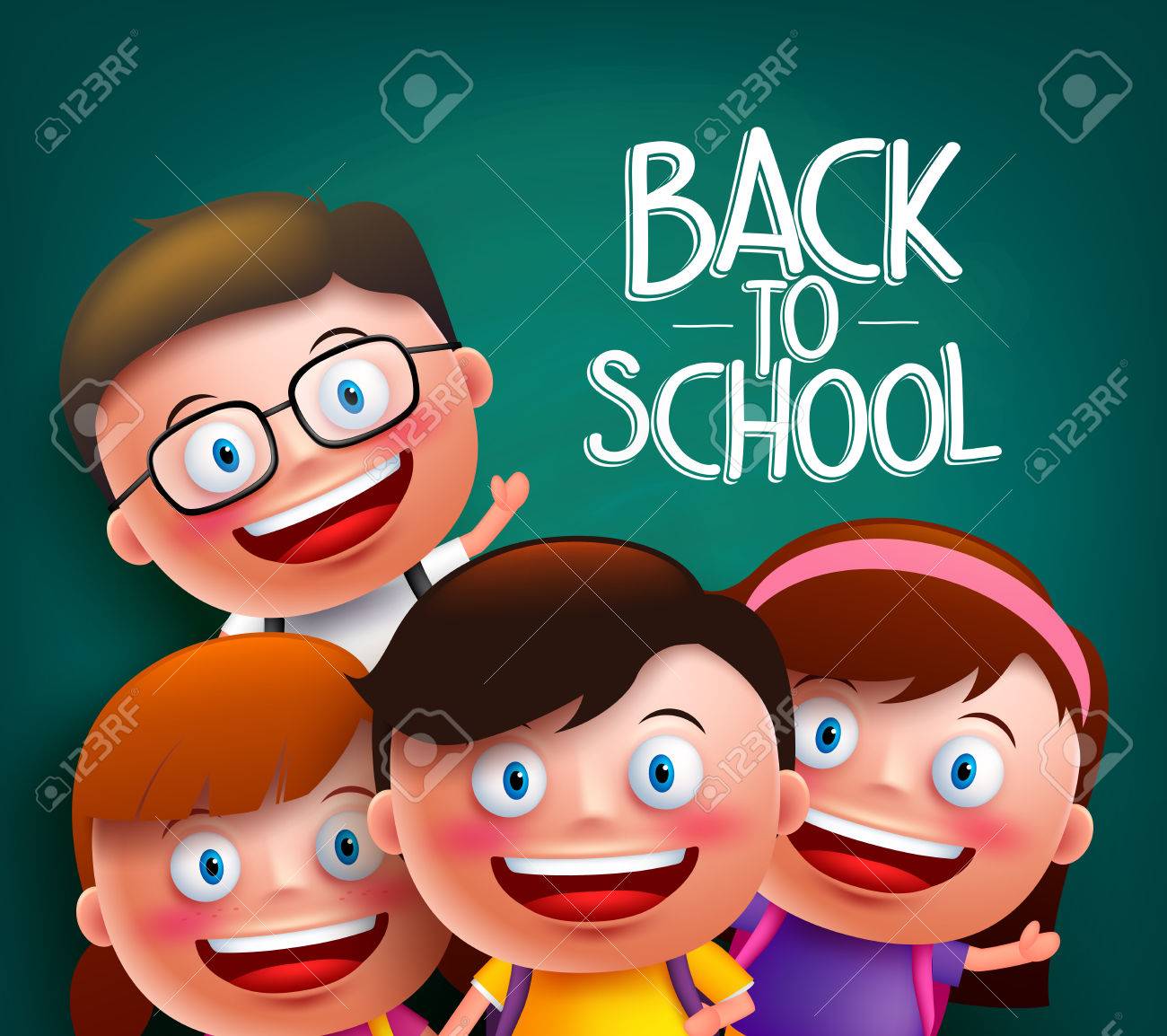 classmates kids vector characters with smart happy faces for