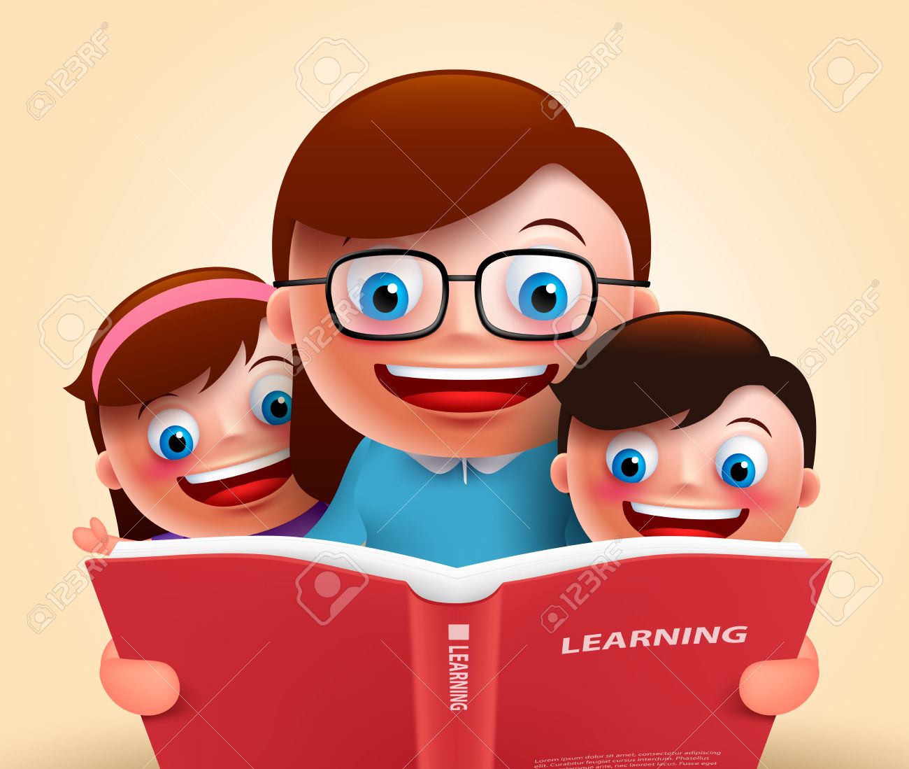 Reading book for story telling by happy smiling teacher and kids holding red book for learning. Vector illustration - 58331611 Reading book for story telling by happy smiling teacher and kids holding red book for learning. Vector illustration - 58331611