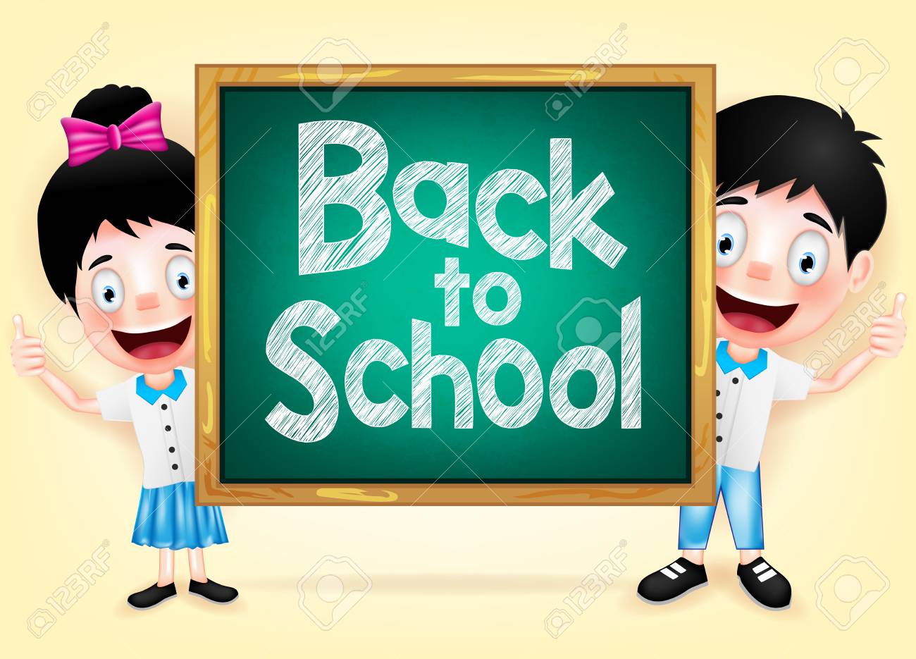 幸せな子供の学校の執筆に戻ると緑の黒板の後ろに隠れてを文字します のイラスト素材 ベクタ Image