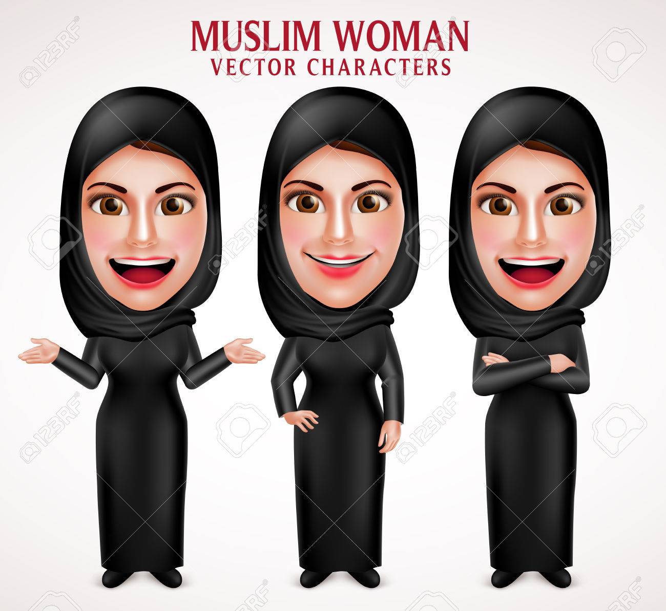 Muslim woman vector characters set wearing hijab black clothes with different pose and hand gestures in white background. Vector illustration. - 61269841 Muslim woman vector characters set wearing hijab black clothes with different pose and hand gestures in white background. Vector illustration. - 61269841