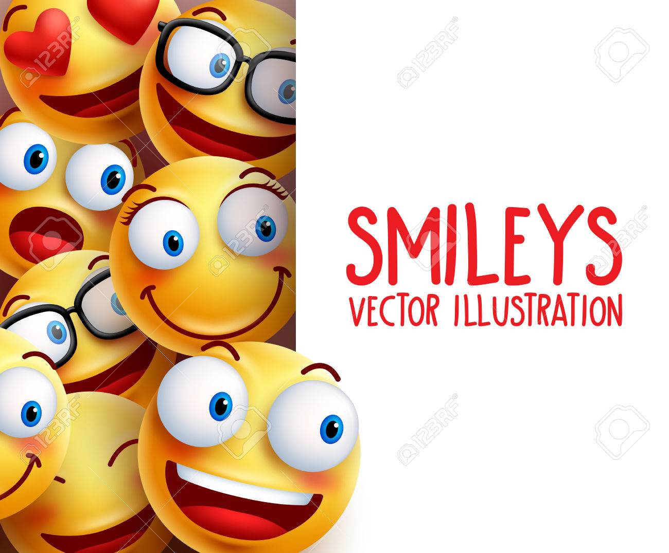 Funny smiley face characters happy smiling in the background with empty white board space for text. illustration. - 65999716 Funny smiley face characters happy smiling in the background with empty white board space for text. illustration. - 65999716