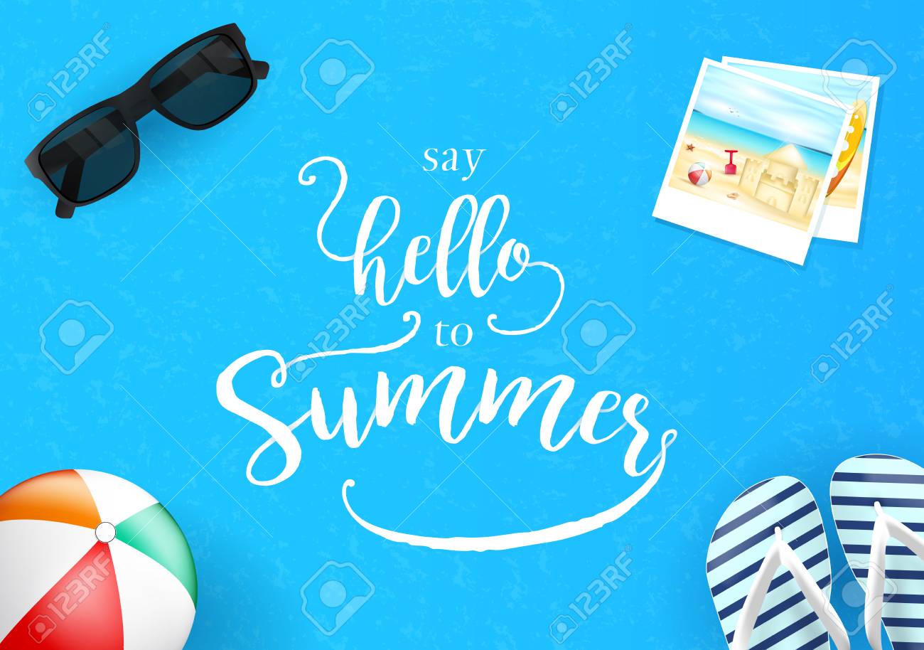 夏のレタリングでサングラスと図のベクトル図で青い背景に簡単な挨拶のイラスト素材 ベクタ Image