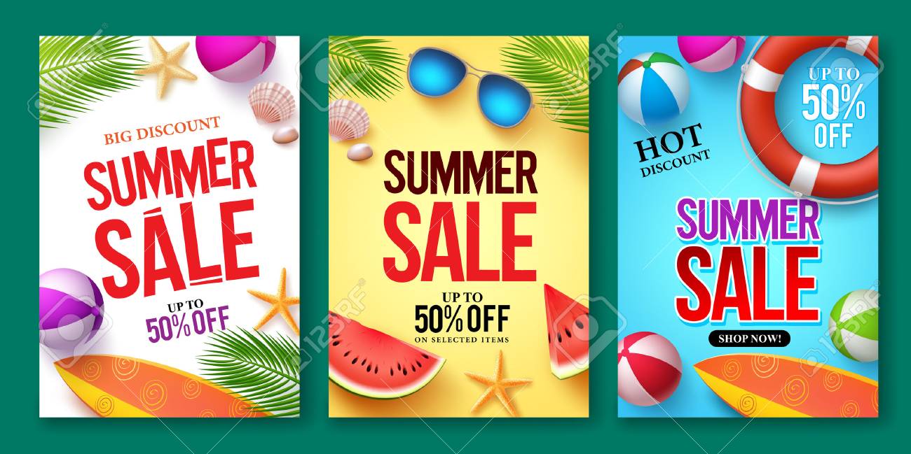 Summer sale vector poster set with 50% off discount text and summer elements in colorful backgrounds for store marketing promotion. Vector illustration. - 76781767 Summer sale vector poster set with 50% off discount text and summer elements in colorful backgrounds for store marketing promotion. Vector illustration. - 76781767