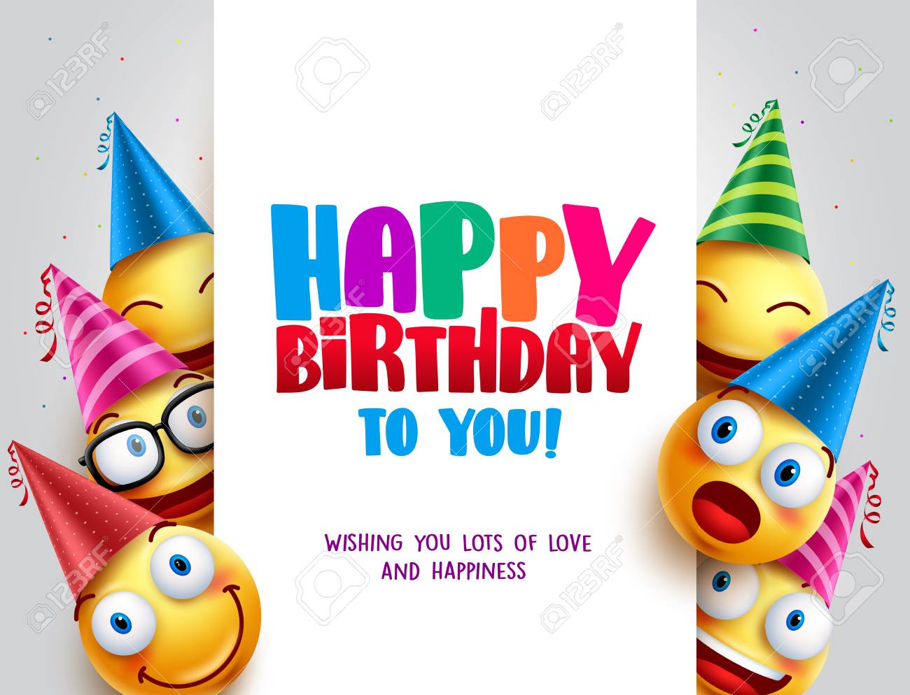 Happy birthday vector design with smileys wearing birthday hat in white empty space for message and text for party and celebration. Vector illustration. - 102969558 Happy birthday vector design with smileys wearing birthday hat in white empty space for message and text for party and celebration. Vector illustration. - 102969558