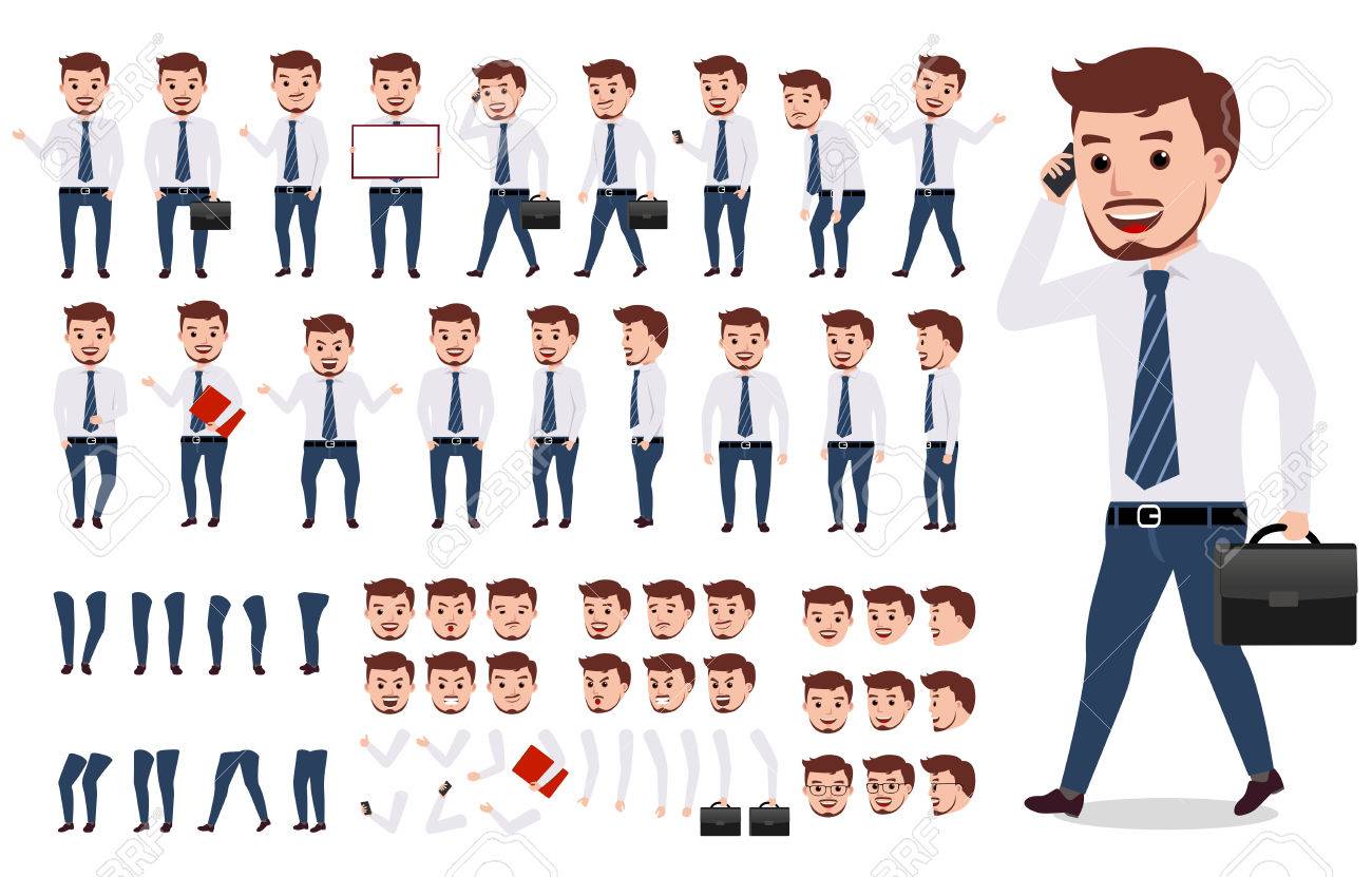 Business man character creation set. Male vector character walking and calling wearing formal office attire with gestures, poses and faces isolated in white. Vector illustration. - 79993618 Business man character creation set. Male vector character walking and calling wearing formal office attire with gestures, poses and faces isolated in white. Vector illustration. - 79993618