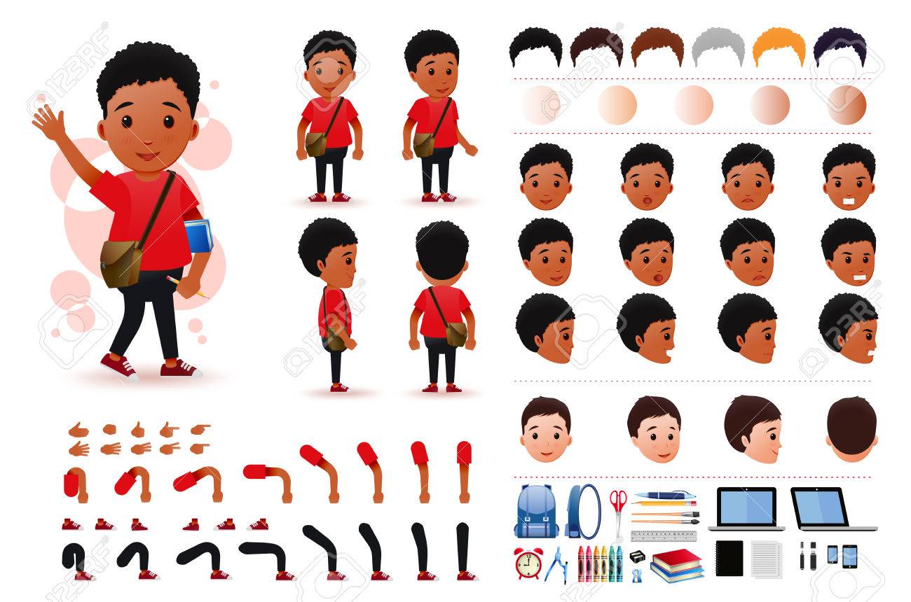 Little Black African Boy Student Character Creation Kit Template with Different Facial Expressions, Hair Colors, Body Parts and Accessories. Vector Illustration. - 84524221 Little Black African Boy Student Character Creation Kit Template with Different Facial Expressions, Hair Colors, Body Parts and Accessories. Vector Illustration. - 84524221