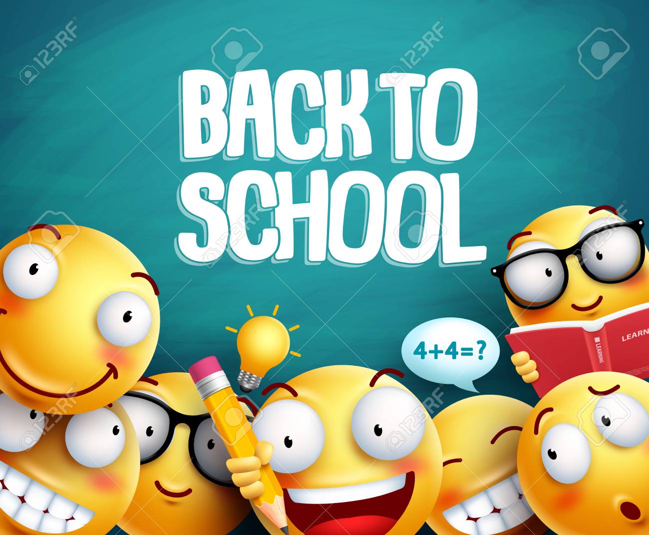 Back to school smileys vector design. Yellow student emoticons with facial expressions studying in green blackboard background for education. Vector illustration. - 99199130 Back to school smileys vector design. Yellow student emoticons with facial expressions studying in green blackboard background for education. Vector illustration. - 99199130